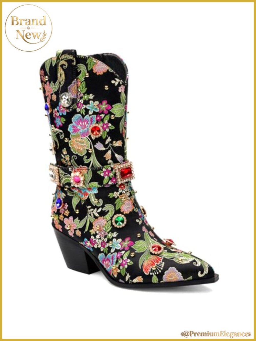 Women Rhinestone Cowboy Boots Sparkly Cowgirl Mid Calf Western Floral